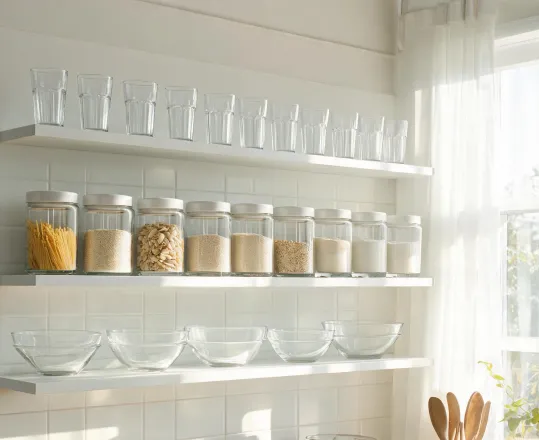 Organized Anchor Hocking glassware shelf after guide