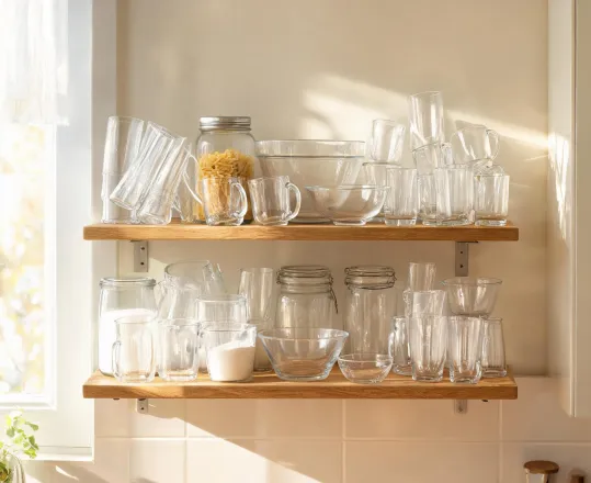 Unsorted glassware shelf before guide