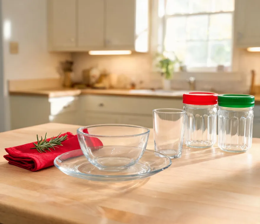 Anchor Hocking glassware place setting with tumblers bowls and storage jars