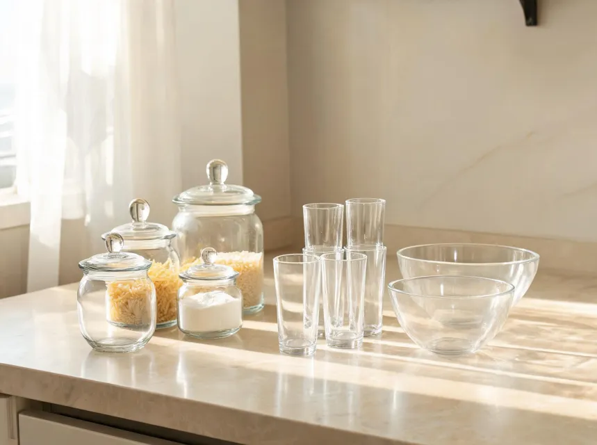 Stacked glass food storage jars and drinkware